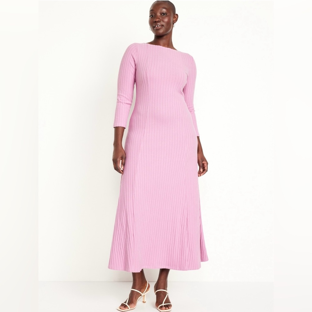 NWT Old Navy Fit & Flare Ribbed Maxi Dress Pink Rose Dawn